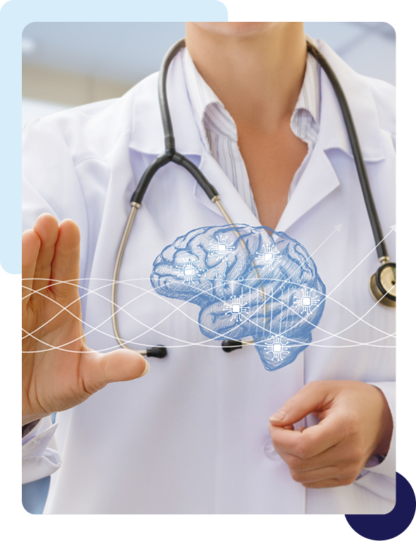 Doctor interacting with a digital brain hologram representing neuroscience or brain health.