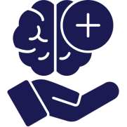 Hand holding a brain with a plus symbol, symbolizing mental health.
