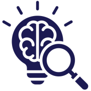 Icon of a brain inside a lightbulb with a magnifying glass.