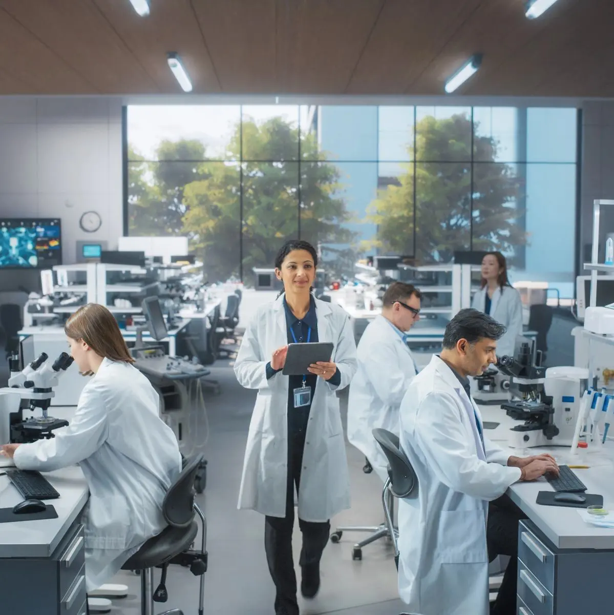 Scientists collaborating in a modern lab with advanced microscopy equipment.